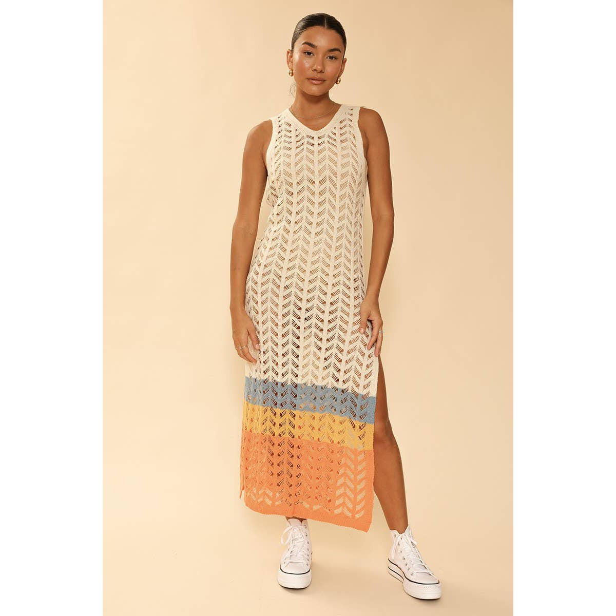 [Size XL Remaining] Cream Open Knit Color Block Cover Up | Long Swimsuit Summer Attire